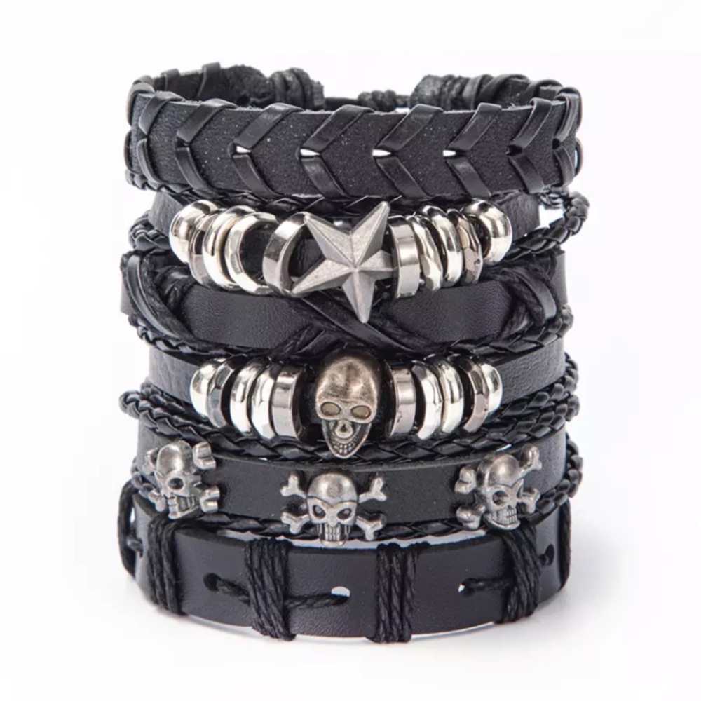 6 Pcs Set Punk Rock Skull Braided Leather Rope Bracelets - Picture 2 of 15